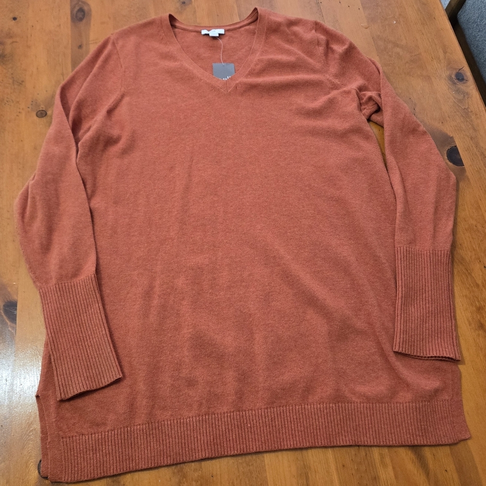 NWT J Jill Terracotta Orange Light Weight V Neck Sweater Size MP Cotton Blend